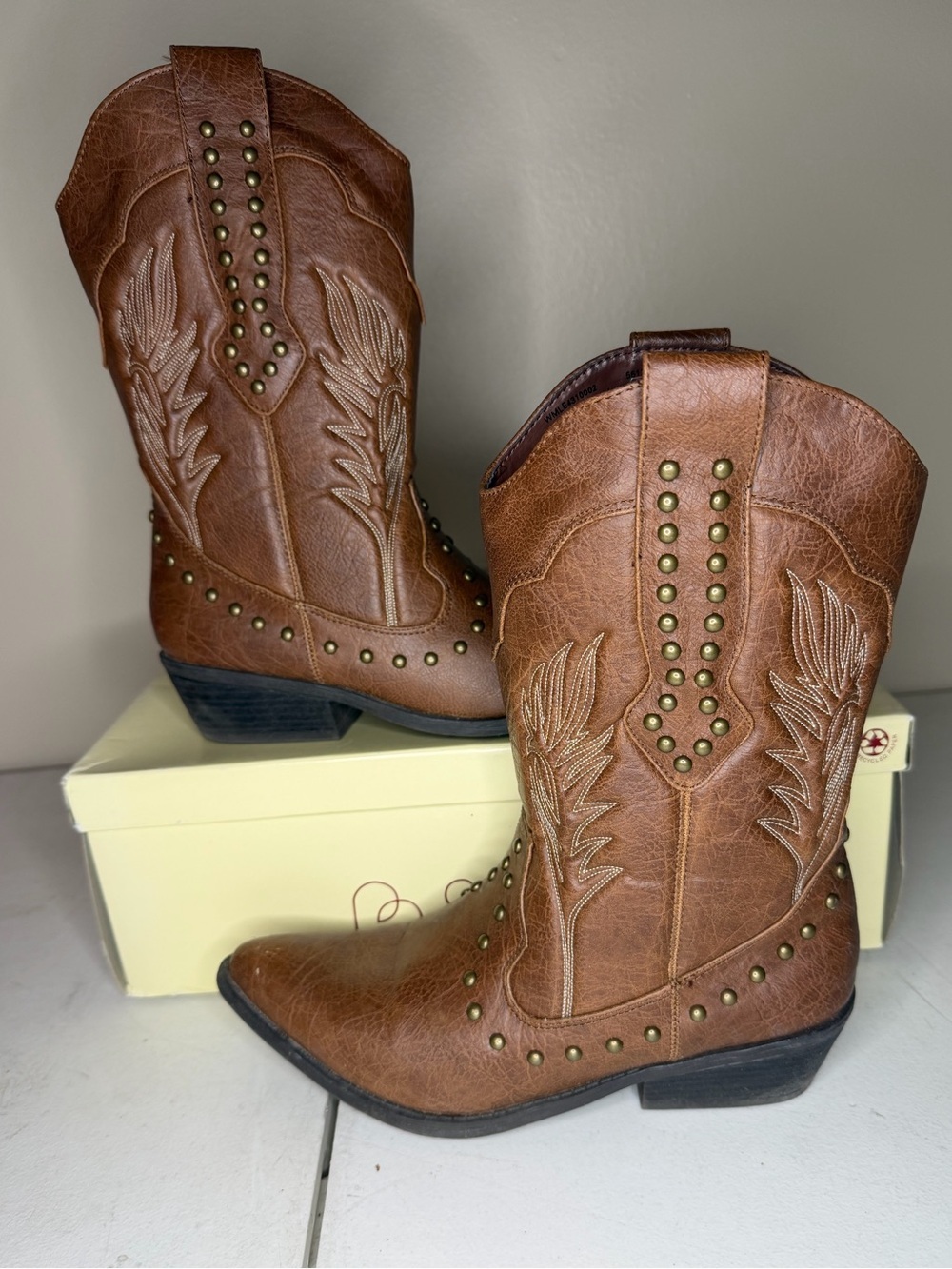 lei Brown Western Studded Mid-Calf Heeled Boots